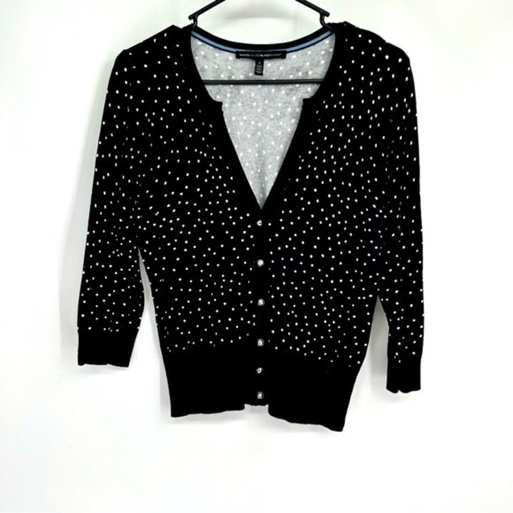 White House Black Market Black Polka‎ Dot Cropped Button Front Cardigan Sz Small